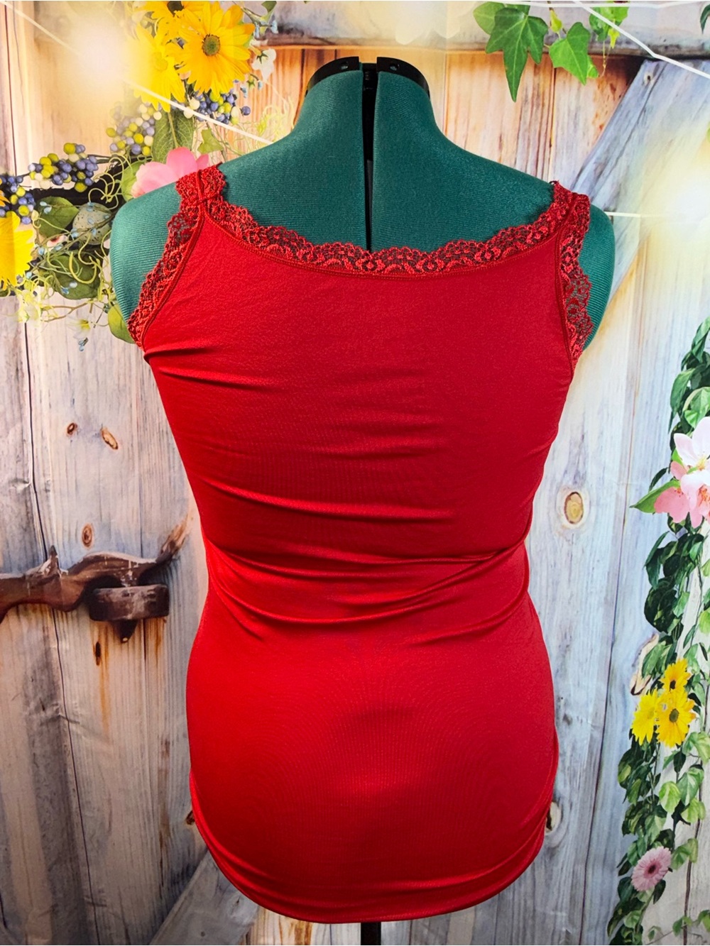 827-Kathy Curvy Lace-Trim Red Camisole Tank Top - Picture 4 of 5